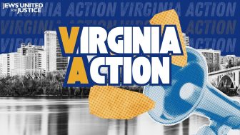 Virginia Action Team Graphic. Background is a black and white Arlington skyline, and a blue megaphone with yellow speech bubbles coming out of it is in the center and lower right corner of the image. "Virginia Action" is in big bold white letters at the center of the graphic.