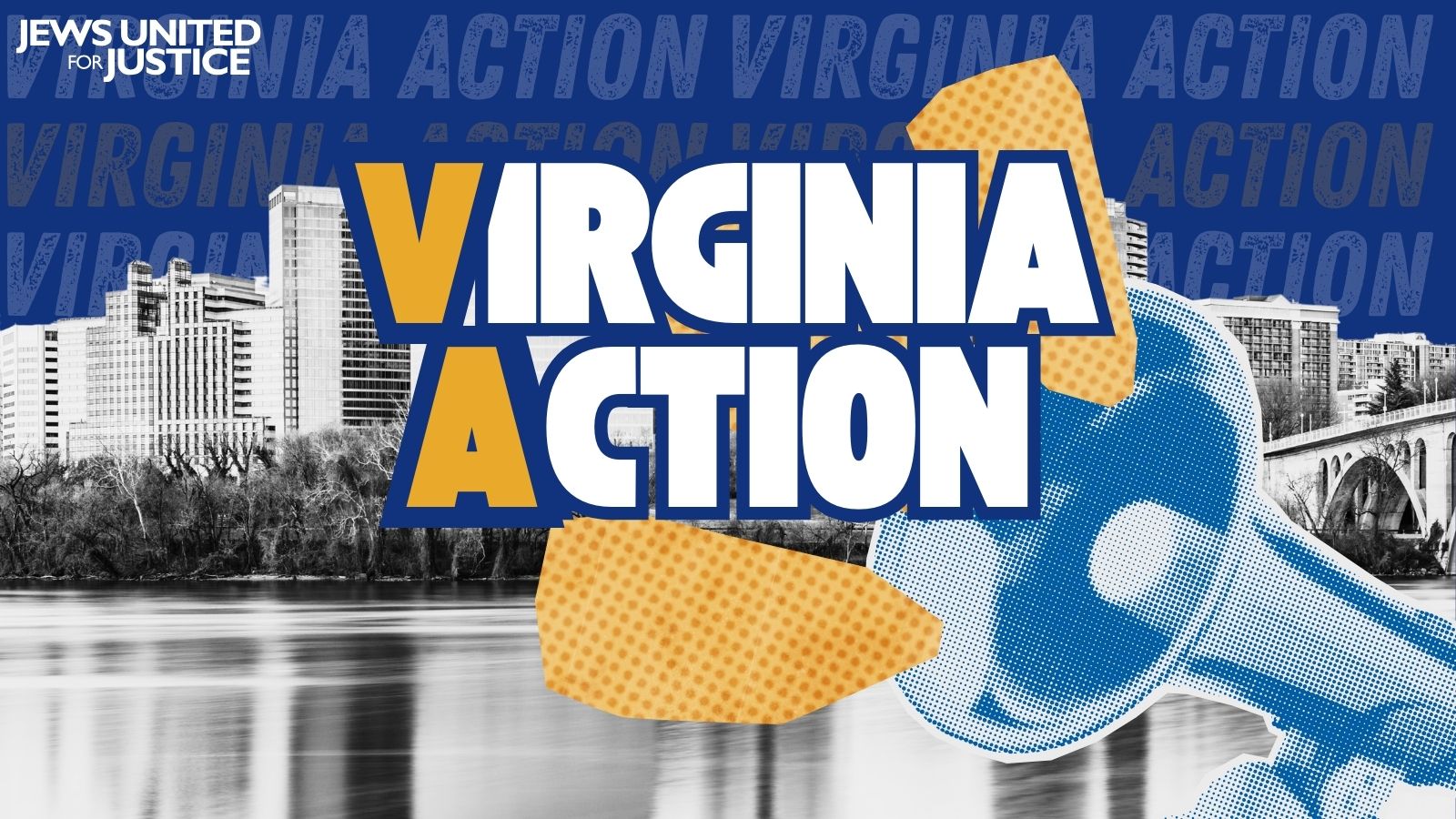 Virginia Action Team Graphic. Background is a black and white Arlington skyline, and a blue megaphone with yellow speech bubbles coming out of it is in the center and lower right corner of the image. "Virginia Action" is in big bold white letters at the center of the graphic.